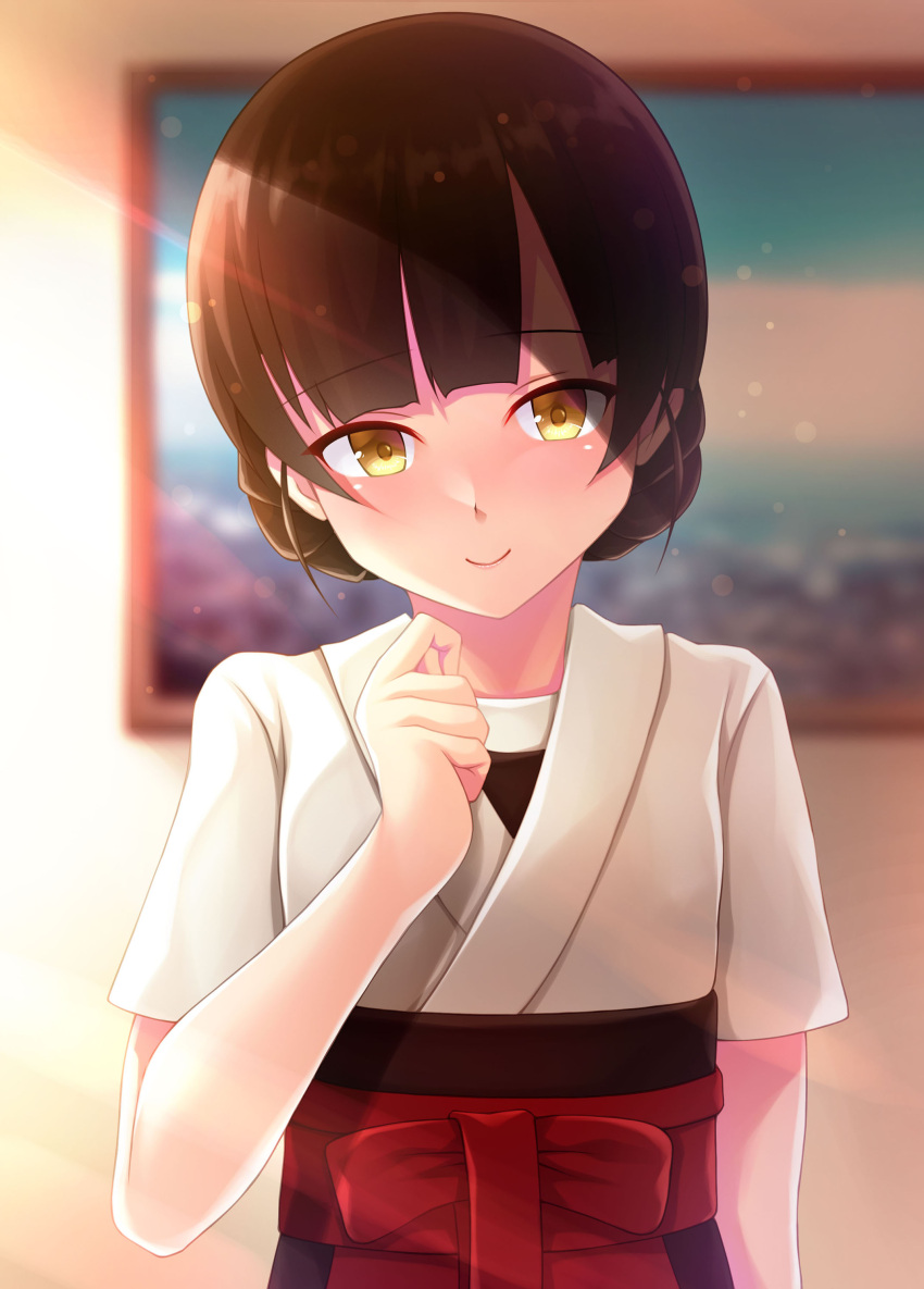 absurdres black_hair blurry blurry_background blush closed_mouth dougi drawing_(object) female hakama highres japanese_clothes kantai_collection looking_at_viewer red_hakama ruin_re_birth short_hair short_sleeves smile solo un'you_(kancolle) upper_body yawata_maru_(kancolle) yellow_eyes