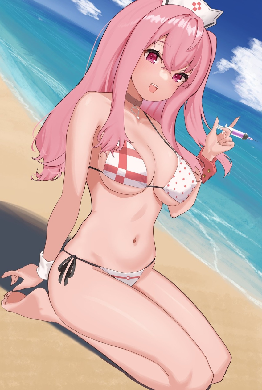 bare_shoulders beach bikini breasts choker cleavage collarbone female full_body goddess_of_victory:_nikke hair_between_eyes hat highres holding holding_syringe large_breasts long_hair navel nurse_cap ocean open_mouth outdoors pepper_(nikke) pepper_(ocean_vitamin)_(nikke) pink_eyes pink_hair polka_dot polka_dot_bikini seiza side_ponytail sidelocks sitting sky smile solo swimsuit syringe teeth upper_teeth_only water white_bikini white_hat xi_oshir1