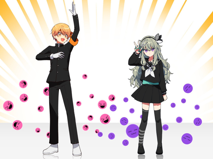 >_< 1boy :d armband black_footwear black_hairband black_jacket black_legwear black_pants black_sailor_collar black_serafuku black_shirt black_skirt blonde_hair bow_hairband buchu14569590 commentary_request female full_body gakuran gloves green_eyes hair_flaps hairband holding holding_scissors jacket korean_commentary kusanagi_nene long_hair long_sleeves neckerchief pants pleated_skirt positive_vs_negative_(vocaloid) project_sekai sailor_collar school_uniform scissors serafuku shirt shoes sidelocks skirt smile tenma_tsukasa thighhighs white_footwear white_gloves white_neckerchief yellow_eyes