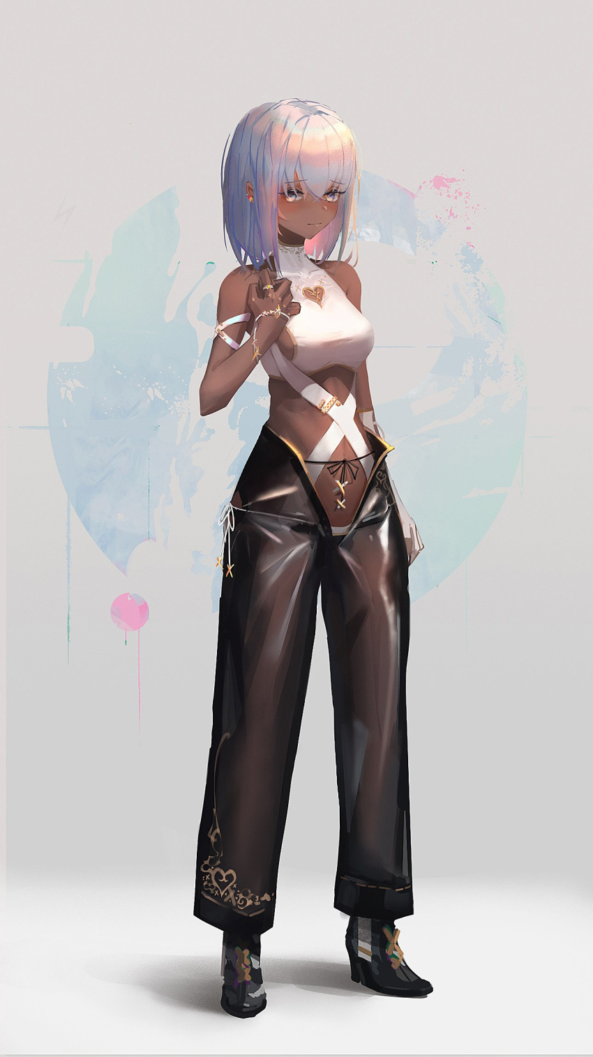 black_footwear black_pants blush bracelet breasts commentary dark-skinned_female dark_skin earrings female full_body hand_up highres jewelry medium_breasts medium_hair original pants ring shadow shoes short_hair solo standing symbol-only_commentary tifg39