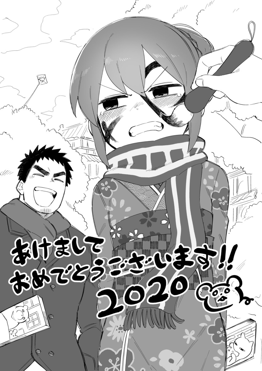 1boy 1other 2020 akeome angry animal_ears bear blush buttons calligraphy_brush chinese_zodiac clenched_teeth commentary drawing_on_another's_face facepaint facial_hair feline female floral_print frown glaring goatee greyscale grimace hagoita hanetsuki happy_new_year highres igarashi_futaba_(shiromanta) ink japanese_clothes kimono kite kite_string looking_at_another monochrome mouse_ears new_year obi outdoors paddle paintbrush sash scarf senpai_ga_uzai_kouhai_no_hanashi shiromanta shiromanta_(character) striped_clothes striped_scarf takeda_harumi_(shiromanta) tearing_up teeth thick_eyebrows translated year_of_the_rat