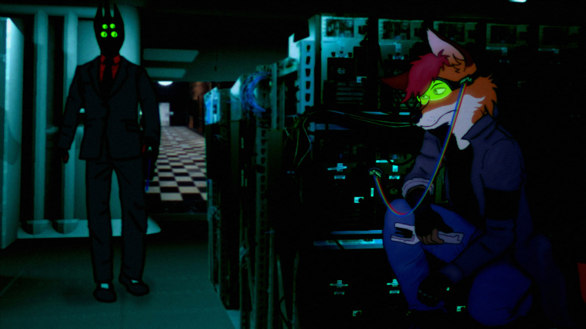 16:9 2014 anthro archived_source black_body black_nose canid canine clothed clothing duo fox fredryk_phox fully_clothed fur green_sclera hair hiding holding_object kneeling male mammal multi_eye multicolored_body multicolored_fur photo_background photography_(artwork) pink_inner_ear red_hair suit technology unknown_species visor weapon widescreen