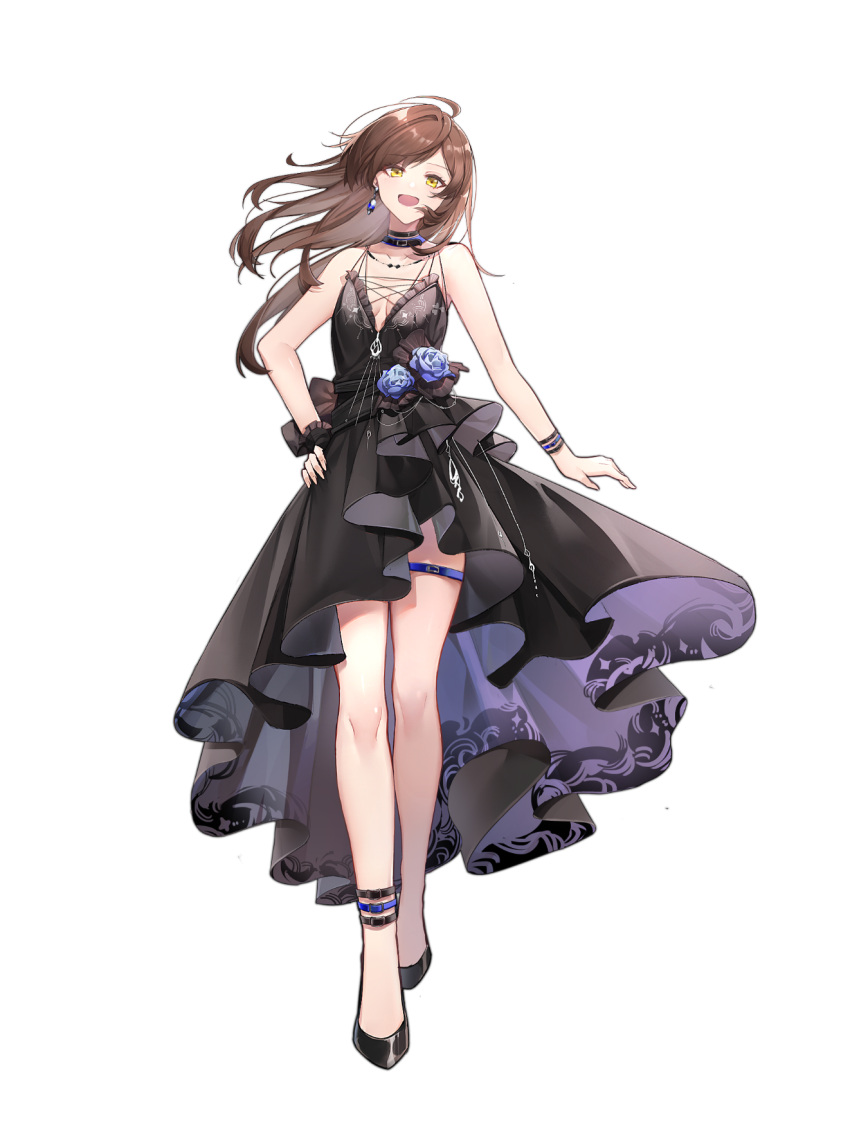 :d bare_shoulders black_dress black_footwear blue_flower blue_rose breasts brown_hair cleavage dress earrings female flower formal full_body green_eyes hair_between_eyes hand_on_own_hip high_heels highres jewelry long_hair looking_at_viewer nana895 open_mouth rosa_(tears_of_themis) rose simple_background sleeveless sleeveless_dress smile solo tears_of_themis white_background