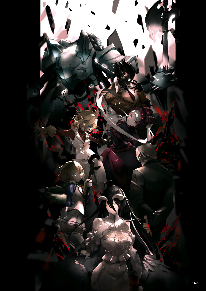 3girls 4boys absurdres albedo_(overlord) aura_bella_fiora cocytus_(overlord) dark_elf demiurge demon_girl demon_horns demon_tail elf halberd heterochromia highres holding holding_staff holding_weapon horns long_hair mare_bello_fiore multiple_boys multiple_girls official_art overlord_(maruyama) pointy_ears polearm red_eyes resized round_eyewear sebas_tian shalltear_bloodfallen so-bin source_request staff tail vampire warrior weapon