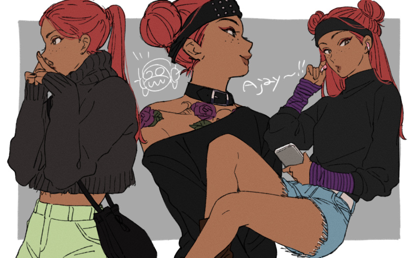 2gou apex_legends bad_id bad_tumblr_id belt cellphone chest_tattoo covered_mouth dark-skinned_female dark_skin denim denim_shorts double_bun female freckles grey_sweater hair_bun highres holding holding_phone lifeline_(apex_legends) looking_ahead looking_down medium_hair multiple_views off_shoulder own_hands_together phone ponytail puckered_lips red_hair shorts smartphone sweater tattoo turtleneck turtleneck_sweater white_belt