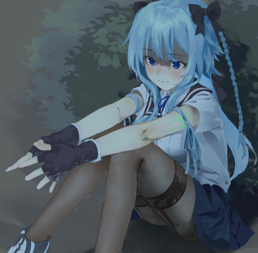 a.k.a.zkin absurdres arm_ribbon arm_tattoo arms_on_knees assault_lily black_bow black_footwear black_gloves black_sailor_collar blue_eyes blue_hair blue_ribbon blue_skirt bow braid breasts brown_pantyhose bush closed_mouth collared_shirt commentary fang_out feet_out_of_frame female fingerless_gloves garter_straps gloves grey_ribbon hair_between_eyes hairbow hands_up highres knees_together_feet_apart knees_up long_hair looking_away medium_breasts miniskirt mori_tatsuki neck_ribbon oerba_yun_fang on_ground outdoors outstretched_arms pantyhose ribbon sailor_collar school_uniform serafuku shirt shoes short_sleeves sidelocks sitting skirt solo tattoo thighband_pantyhose twin_braids two-tone_footwear white_footwear white_shirt