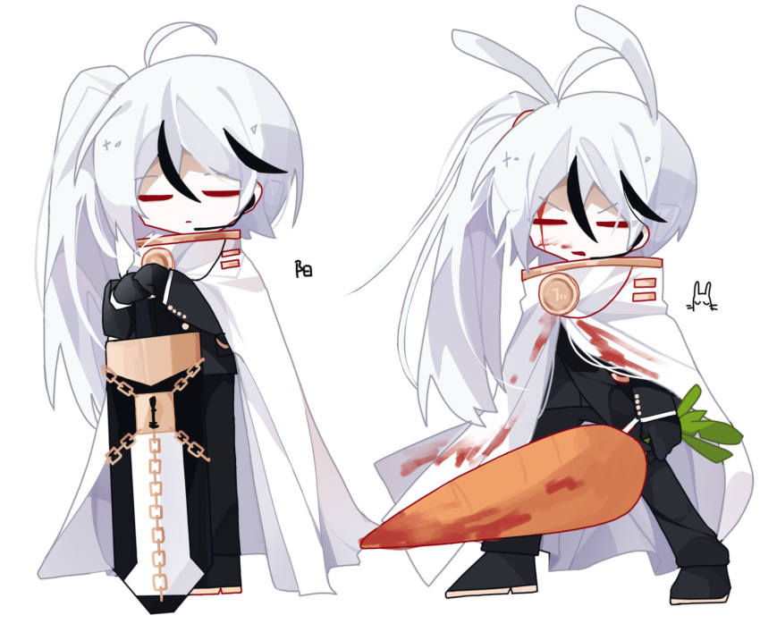 1boy ahoge animal_ears black_gloves black_hair black_jacket black_pants blood blood_on_clothes blood_on_face cape carrot chinese_text closed_eyes closed_mouth food gloves highres holding holding_carrot holding_food holding_sword holding_weapon jacket kemonomimi_mode lemonail library_of_ruina long_hair long_sleeves male_focus multicolored_hair no_nose open_mouth pants project_moon rabbit rabbit_boy rabbit_ears side_ponytail simple_background split-color_hair streaked_hair sword translation_request weapon white_background white_cape white_hair yan_vismok