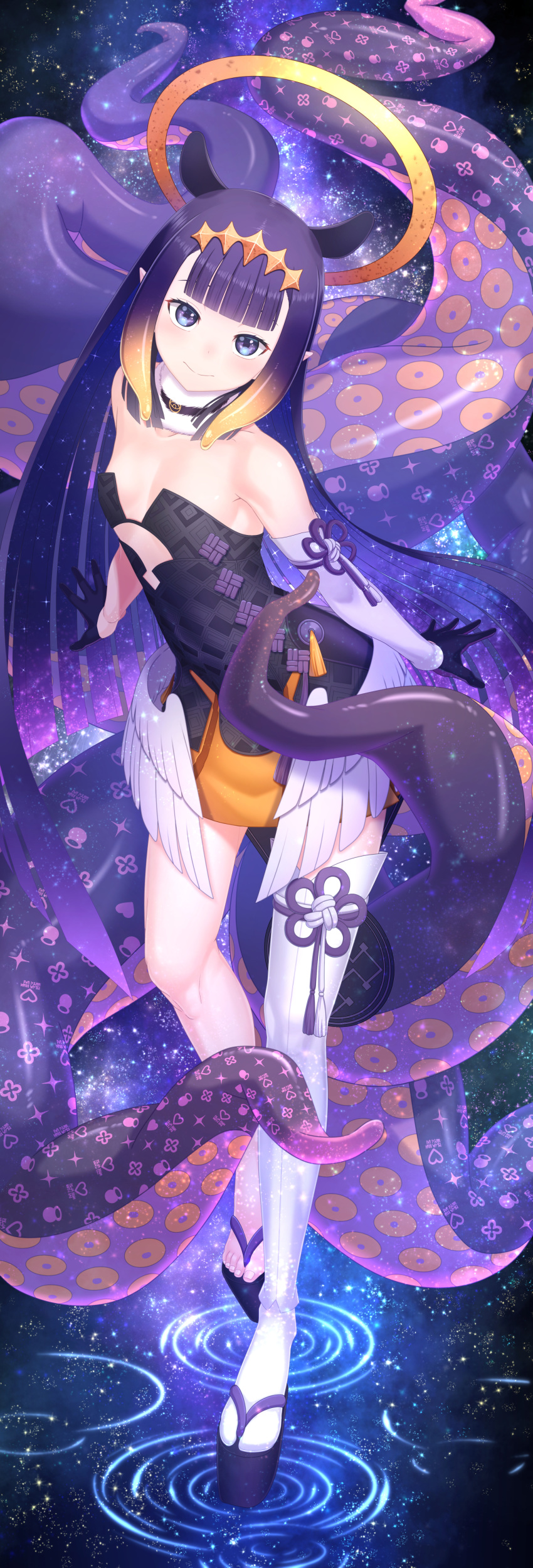 absurdres arm_warmers bad_id bad_pixiv_id bare_shoulders black_hair blunt_bangs feathered_wings female flat_chest fur_collar fur_trim gloves gradient_hair halo highres hololive hololive_english kido_airaku long_hair low_wings multicolored_hair ninomae_ina'nis ninomae_ina'nis_(1st_costume) orange_hair pointy_ears purple_eyes sandals sidelocks single_arm_warmer single_thighhigh solo tentacle tentacle_hair thighhighs very_long_hair virtual_youtuber wings