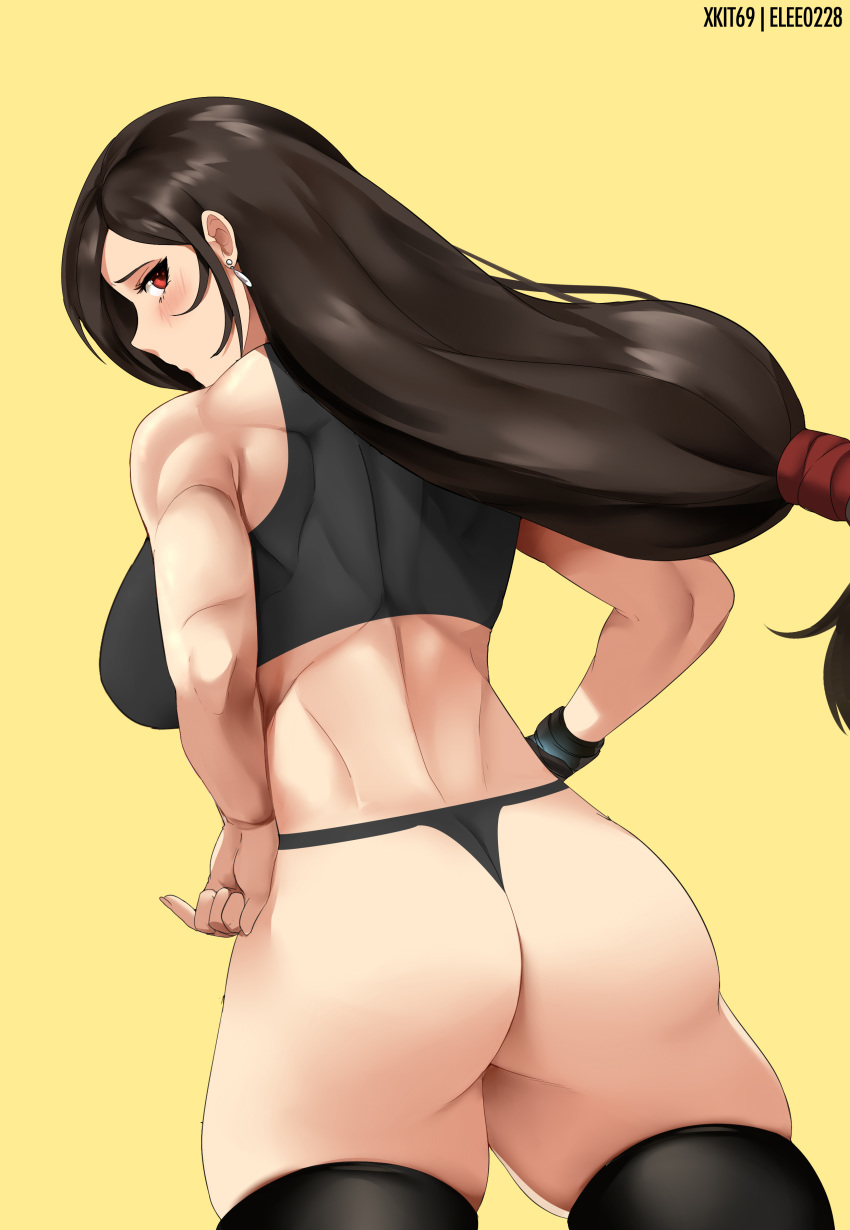 absurdres ass back bare_shoulders black_sports_bra black_thighhighs breasts brown_hair colorized commentary commission curious earrings elee0228 female final_fantasy final_fantasy_vii final_fantasy_vii_remake from_behind highres jewelry large_breasts long_hair looking_to_the_side low_tied_hair muscular muscular_female red_eyes solo sports_bra standing swept_bangs thighhighs thighs thong tifa_lockhart very_long_hair xkit yellow_background