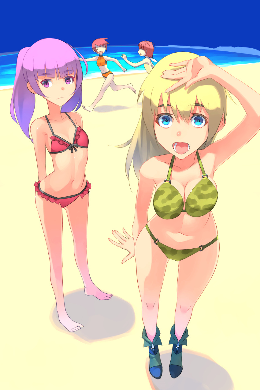 4girls absurdres aikawa_aika alice_gear_aegis beach bikini blonde_hair blue_eyes boots commentary commentary_request frilled_bikini frills green_bikini highres himukai_rin ichijou_ayaka looking_at_viewer multiple_girls open_mouth purple_eyes purple_hair red_bikini red_hair sansui.aoba swimsuit virginia_glynnberets