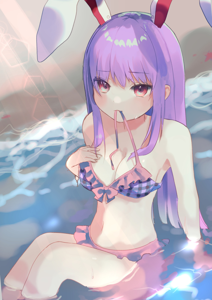 animal_ears bikini breasts cleavage day feet_out_of_frame female frills hand_on_own_chest highres ijen_(ljenejl) large_breasts lens_flare light_blush light_rays long_hair mouth_hold outdoors partially_submerged purple_hair rabbit_ears red_eyes reisen_udongein_inaba sitting solo swimsuit touhou very_long_hair