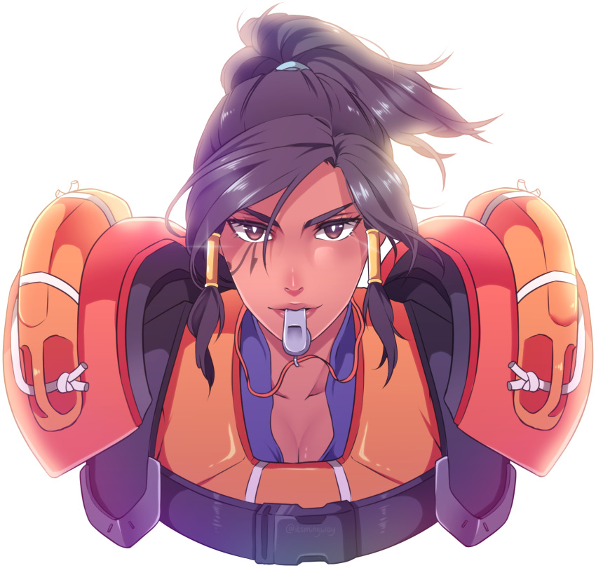 armor bad_link black_hair breasts brown_eyes cleavage cropped_torso dark-skinned_female dark_skin eye_of_horus facial_tattoo female hair_tubes highres life_vest lifeguard lifeguard_pharah lips medium_hair mingway mouth_hold official_alternate_costume overwatch overwatch_1 pharah_(overwatch) ponytail portrait shoulder_armor solo tattoo whistle