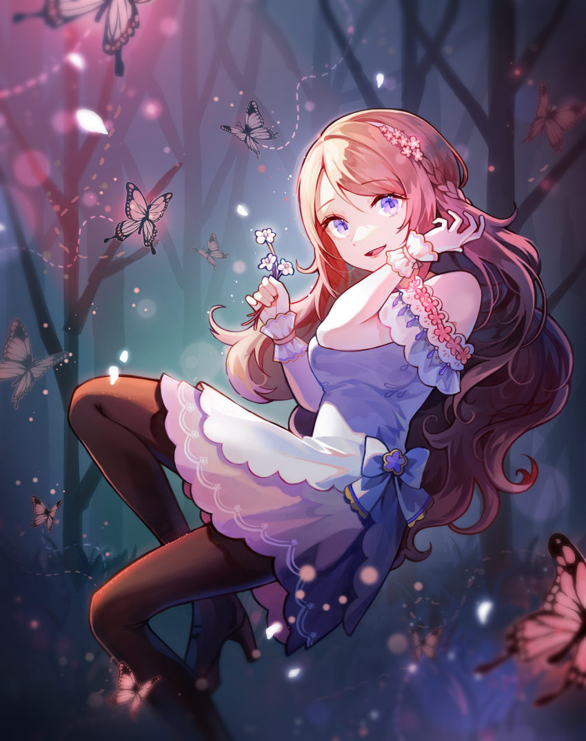 absurdres bad_id bad_twitter_id black_pantyhose bow breasts brown_hair bug butterfly dress female floating forest from_side happyongdal highres indie_virtual_youtuber long_hair medium_breasts nature nina_saotome nina_saotome_(2nd_costume) open_mouth pantyhose pink_butterfly purple_eyes solo virtual_youtuber white_bow white_dress