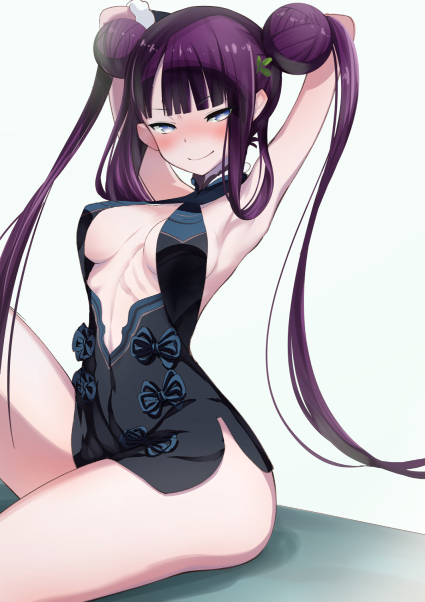 arm_warmers armpits arms_up bare_hips black_dress blue_eyes blunt_bangs blush breasts center_opening china_dress chinese_clothes closed_mouth cluseller collarbone commentary_request covered_navel double_bun dress fate/grand_order fate_(series) female fur_collar grey_background hair_bun hair_ornament hair_rings half-closed_eyes happy highres large_breasts leg_up legs long_hair looking_at_viewer medium_breasts mikomachi_(35machi) nose_blush purple_hair revealing_clothes ribs side_slit simple_background sitting sleeveless sleeveless_dress smile solo thick_thighs thighs twintails very_long_hair yang_guifei_(fate) yang_guifei_(first_ascension)_(fate)