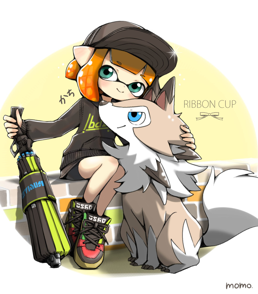 artist_name baseball_cap bike_shorts black_headwear black_shorts blunt_bangs bob_cut brick_wall closed_mouth clothes_writing commentary_request company_connection cross-laced_footwear crossover english_text female green_eyes grey_skirt grey_sweater hat hero_brella_(splatoon) highres holding holding_weapon inkling inkling_(language) inkling_girl inkling_player_character leaning_to_the_side long_sleeves looking_at_viewer lycanroc lycanroc_(midday) miniskirt mokokoiro multicolored_footwear orange_hair petting pointy_ears pokemon pokemon_(creature) print_sweater shoes short_hair shorts shorts_under_skirt signature sitting skirt smile sneakers sparkle splatoon_(series) splatoon_2 sweater tentacle_hair weapon