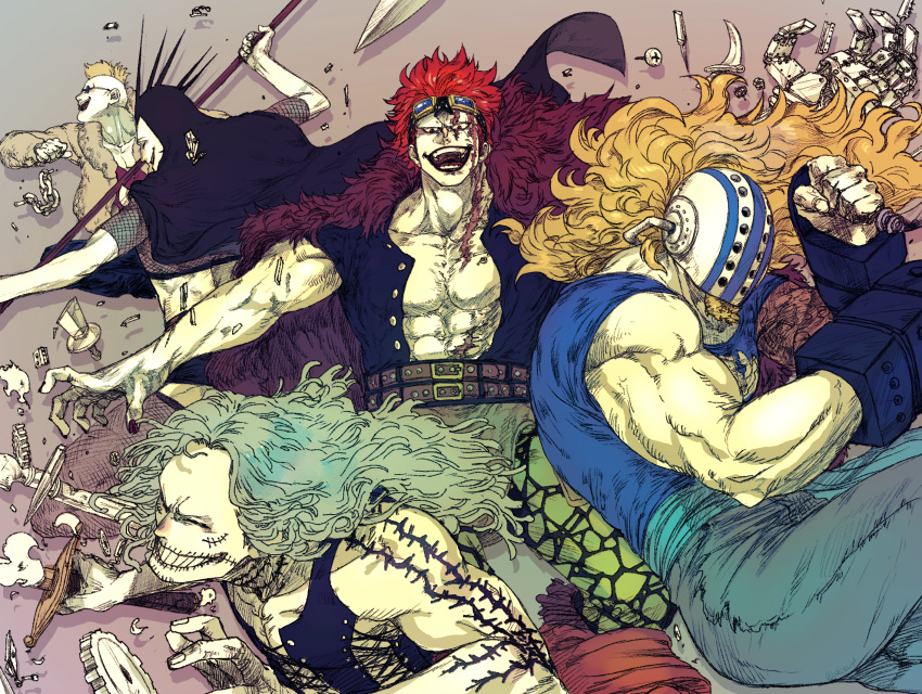 5boys abs arm_tattoo bare_shoulders belt biceps blonde_hair broken broken_chain buttons cape chains closed_eyes collarbone covered_face eustass_kid evil_smile facial_hair fingernails fishnet_top fishnets floating_hair goatee goggles goggles_on_head green_hair grin heat_(one_piece) helm helmet highres holding holding_weapon hood hood_up hooded_cape killer_(one_piece) long_hair male_focus mask metal mohawk multiple_boys muscular muscular_male nail_polish one_piece open_clothes open_mouth open_shirt outstretched_arm pants pectorals prosthesis prosthetic_hand red_hair scar scar_across_eye scar_on_face shirt shiso_i4 short_hair short_sleeves sleeveless sleeveless_shirt smile stomach sunglasses tattoo unbuttoned vest weapon wire_(one_piece)