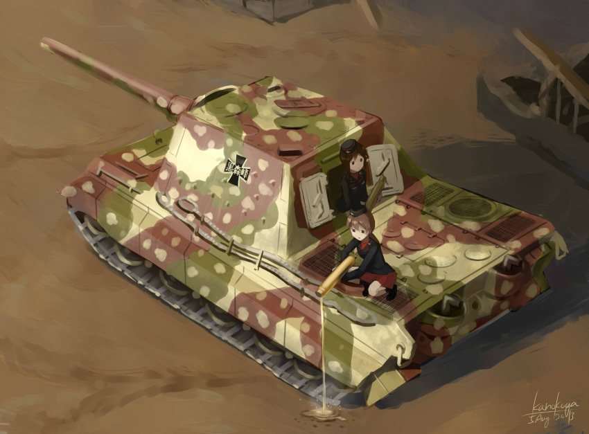 2girls artist_name brown_eyes brown_hair caterpillar_tracks duplicate emblem english_commentary engrish_commentary garrison_cap girls_und_panzer hat highres jagdtiger kanokoga kuromorimine_(emblem) kuromorimine_military_uniform military military_uniform military_vehicle motor_vehicle multiple_girls photoshop_(medium) pixel-perfect_duplicate shell_casing short_hair signature smile tank tank_destroyer turretless_tank uniform