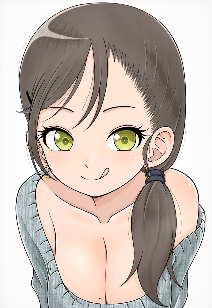 absurdres bare_shoulders breasts cleavage commentary_request earrings female green_eyes hair_ornament hairclip highres hoop_earrings ito_kashiwamochi jewelry licking_lips mole mole_on_breast off_shoulder original short_ponytail solo sweater tongue tongue_out