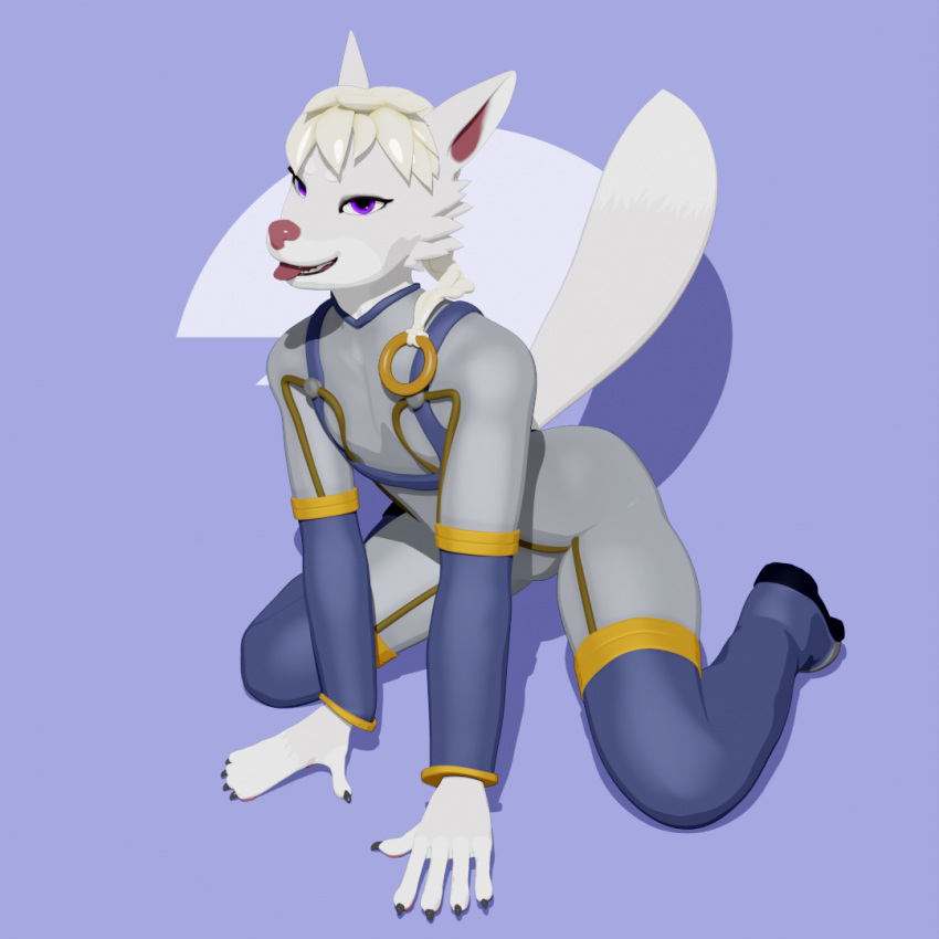 1:1 3d_(artwork) anthro bodysuit braided_hair canid canine canis clothing digital_media_(artwork) dipstick_tail female fur grey_body grey_fur hair hybrid kolhellart mammal markings purple_eyes skinsuit solo tail tail_markings tight_clothing tongue tongue_out white_body white_fur wolfdog ylva