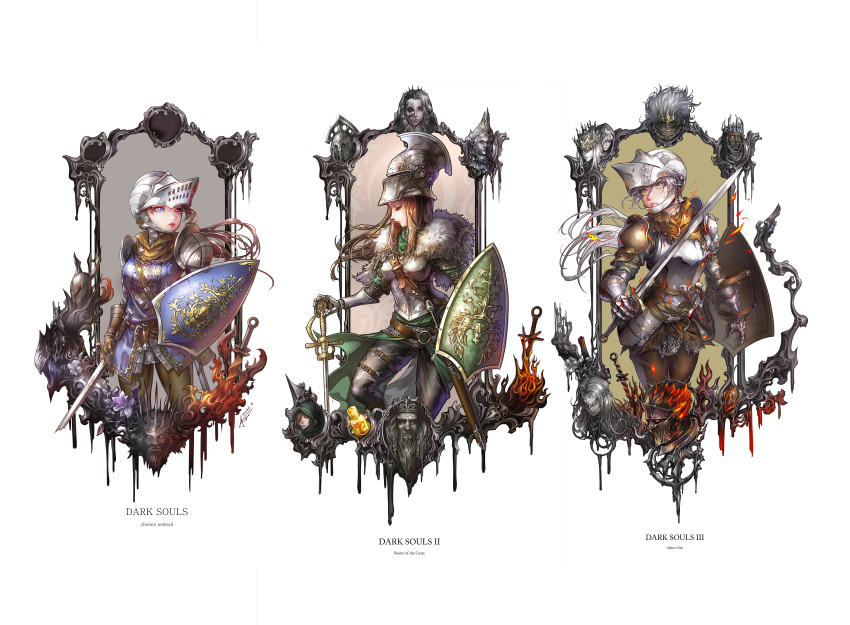 6+girls absurdres arm_at_side armor artorias_the_abysswalker ashen_one_(dark_souls_3) beard bearer_of_the_curse belt black_knight_(dark_souls) black_pants blonde_hair blue_eyes bonfire_(dark_souls) breastplate breasts broken broken_sword broken_weapon brown_belt brown_gloves brown_hair brown_pants character_name character_request chosen_undead closed_eyes commentary copyright_name cowboy_shot cropped_legs crown dark_souls_(series) dark_souls_i dark_souls_ii dark_souls_iii dated embers emerald_herald estus_flask eye_mask facial_hair fire fire_keeper floating_hair flower from_side full_armor fur_trim gauntlets gloves glowing glowing_eyes greaves green_eyes grey_hair gwyn_lord_of_cinder helm helmet heterochromia highres holding holding_shield holding_sword holding_weapon hood hood_up jay_b_lee knight lips long_hair looking_at_viewer looking_glass_knight looking_to_the_side lorian_(elder_prince) lothric_(younger_prince) medium_breasts multiple_girls nameless_king nashandra pants pauldrons photoshop_(medium) rapier red_eyes sheath sheathed shield shoulder_armor simple_background soul_of_cinder standing sword thigh_strap velstadt_the_royal_aegis vendrick_(dark_souls_2) weapon white_background yhorm_the_giant