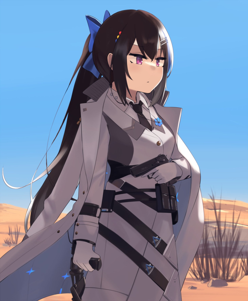 belt_pouch black_hair blue_sky cane day desert female flower girls'_frontline gloves gun handgun hexagram highres hinami047 holding holding_gun holding_weapon holster iwi_jericho_941 jericho_(girls'_frontline) long_hair military military_uniform necktie outdoors pouch sky solo star_of_david uniform weapon white_gloves white_uniform