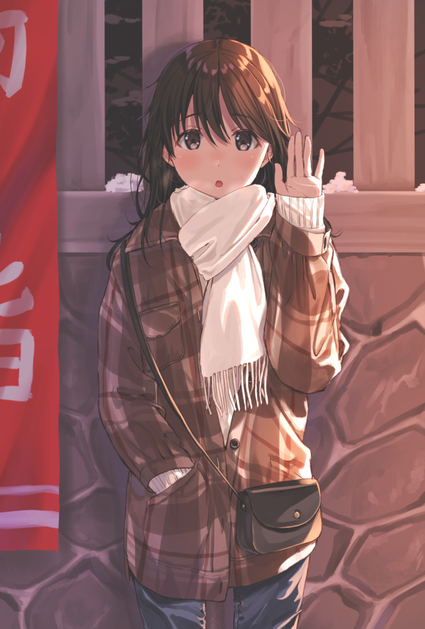 :o bag black_bag blush brown_hair brown_jacket commentary_request cowboy_shot denim female handbag highres jacket jeans kukiha long_hair looking_at_viewer original pants plaid plaid_jacket scarf solo white_scarf