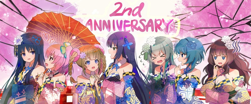 >_< 6+girls :d aizawa_kazuha anniversary assault_lily bare_shoulders black_hair blue_eyes blue_hair blue_kimono blunt_bangs bow braid breasts brown_hair butterfly_hair_ornament checkered_clothes checkered_kimono cherry_blossoms cleavage closed_mouth clover_hair_ornament collar commentary_request day detached_sleeves falling_petals floral_print flower flower_knot flying_sweatdrops four-leaf_clover_hair_ornament from_side funada_kiito fur-trimmed_collar fur_trim green_eyes green_flower green_hair hair_flower hair_ornament half-closed_eyes halterneck hand_to_own_mouth hand_up heart hitotsuyanagi_riri holding holding_umbrella japanese_clothes jewelry jitome kaede_johan_nouvel kimono kishimoto_lucia_raimu large_breasts long_hair long_sleeves looking_at_another looking_to_the_side medium_breasts medium_hair multiple_girls no_pupils official_alternate_costume oil-paper_umbrella one_side_up open_mouth outdoors parted_lips petals pink_bow pink_eyes pink_hair pink_kimono print_kimono profile purple_eyes purple_flower purple_hair purple_kimono ring sakuramon shirai_yuyu short_hair sidelocks single_bare_shoulder single_detached_sleeve single_sleeve sleeveless sleeveless_kimono smile standing tassel tassel_hair_ornament toki_kureha twin_braids twintails umbrella upper_body very_long_hair wavy_hair wavy_mouth white_collar white_flower wide_sleeves youmtk1714