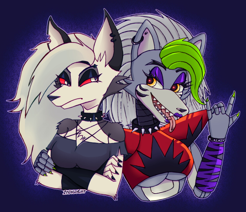 1ndigocat 2022 age_difference angry animatronic anthro armor big_breasts black_claws black_makeup black_stripes body_hair bracelet breasts broken_ear canid canid_demon canine canis chest_hair claws clothing collar demon demon_eyes duo ear_piercing ear_ring eyebrow_piercing eyebrow_ring facial_markings facial_piercing female female/female five_nights_at_freddy's five_nights_at_freddy's:_security_breach fur green_claws green_hair grey_body grey_fur hair head_markings hellhound helluva_boss hi_res jewelry lips long_ears long_neck loona_(helluva_boss) machine mammal markings mythological_canine mythological_creature mythology neck_spikes piercing purple_lips purple_makeup red_armor ring_piercing robot roxanne_wolf scottgames shark_teeth smile steel_wool_studios striped_face stripes tongue white_eyes white_hair wolf yellow_eyes younger_female