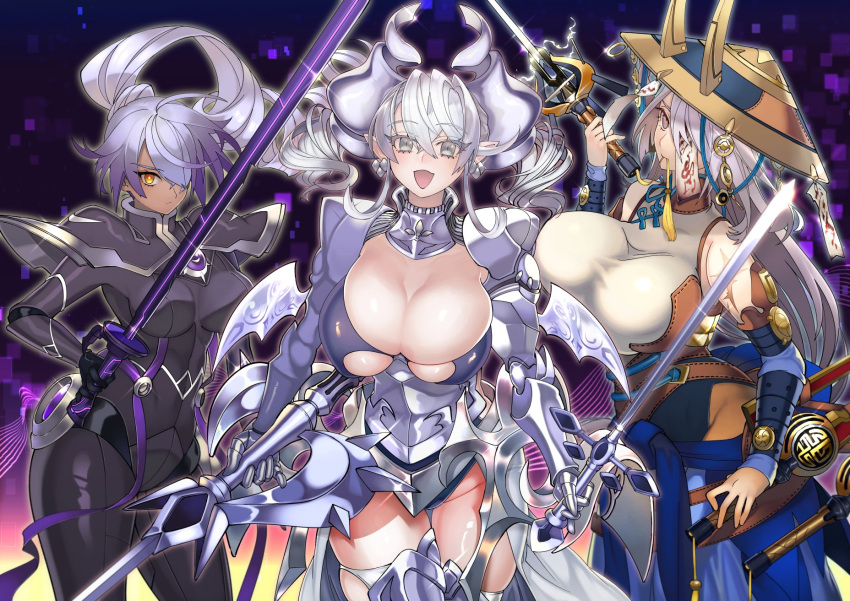 3girls black_bodysuit bodysuit breasts cleavage commission dark-skinned_female dark_skin drill_hair duel_monster fake_horns fleurdelis_(yu-gi-oh!) hair_over_one_eye highres horned_headwear horns lady_labrynth_of_the_silver_castle large_breasts long_hair lovely_labrynth_of_the_silver_castle multiple_girls multiple_swords pointy_ears ponytail scar scar_on_arm senjo skeb_commission sky_striker_ace_-_azalea sword talisman the_iris_swordsoul thighs twin_drills weapon yu-gi-oh!