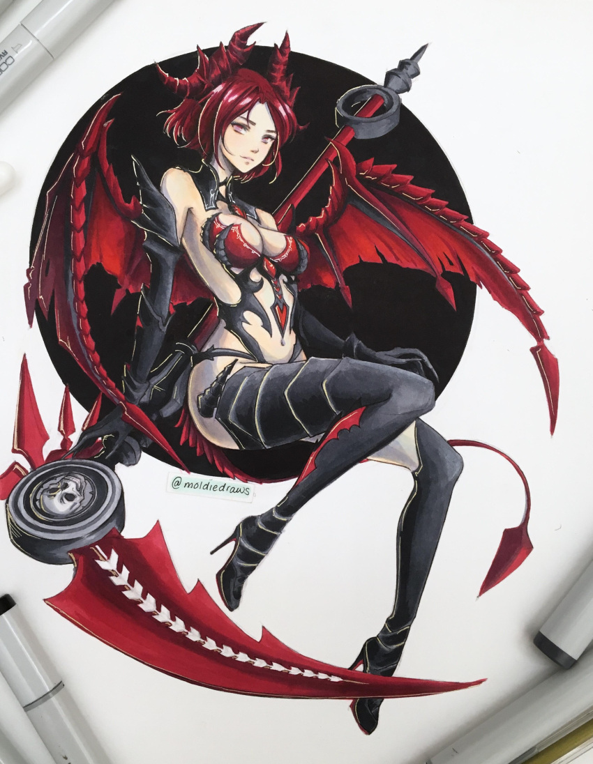 absurdres bad_link black_thighhighs breasts cleavage dragon_wings elbow_gloves epis female full_body gloves high_heels highres horns king's_raid looking_at_viewer medium_breasts moldiedraws navel pink_eyes red_hair red_horns scythe sitting solo tail thighhighs white_background wings