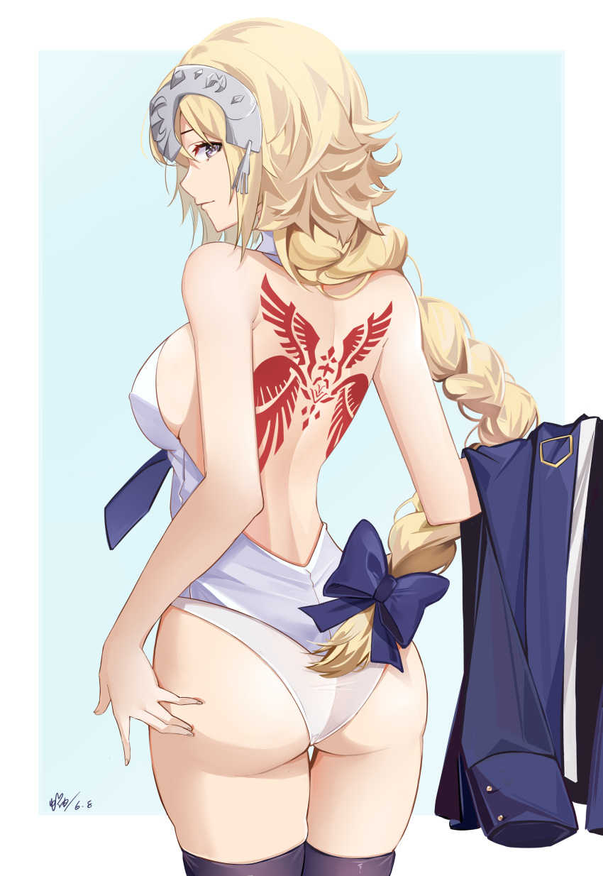 absurdres ass back back_tattoo backless_outfit bare_shoulders black_thighhighs blonde_hair blue_eyes blush braid braided_ponytail breasts fate/apocrypha fate_(series) female headpiece highres jeanne_d'arc_(fate) jeanne_d'arc_(girl_from_orleans)_(fate) large_breasts liuleiwowotou long_hair looking_at_viewer necktie panties solo tattoo thighhighs thighs underwear very_long_hair white_panties