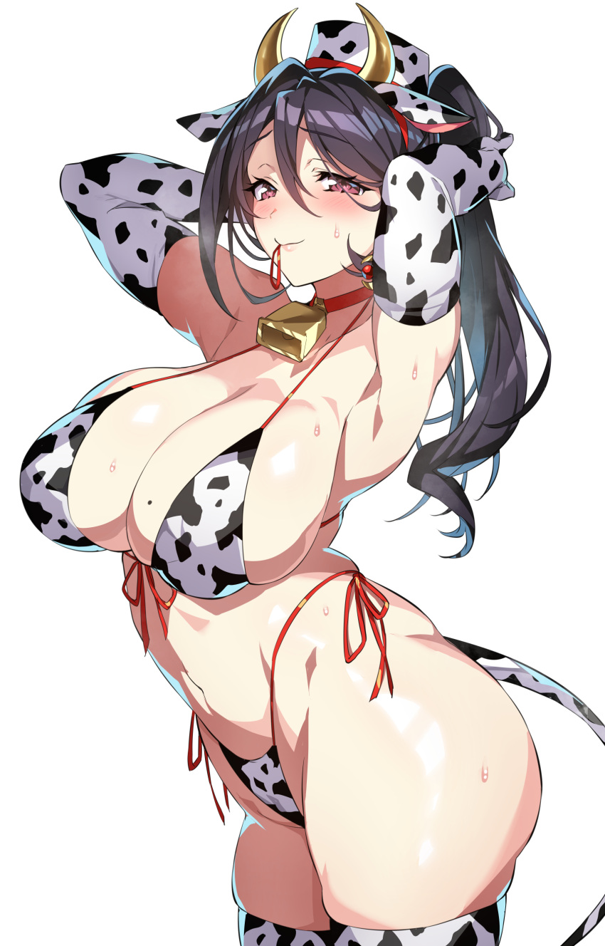 absurdres animal_ears animal_print armpits arms_behind_head arms_up bell bikini black_hair blush breasts breath cleavage commentary_request cow_ears cow_horns cow_print cow_print_bikini cow_tail earrings elbow_gloves fake_animal_ears fake_horns female gloves hat highleg highleg_bikini highres horns jewelry large_breasts lips long_hair looking_at_viewer mahou_shoujo_madoka_magica mahou_shoujo_suzune_magica mikoto_tsubaki mole mole_on_breast mouth_hold navel neck_bell print_bikini purple_eyes senri_gan shiny_skin simple_background skindentation smile solo stomach sweat sweatdrop swimsuit tail thighhighs thighs tied_hair white_background