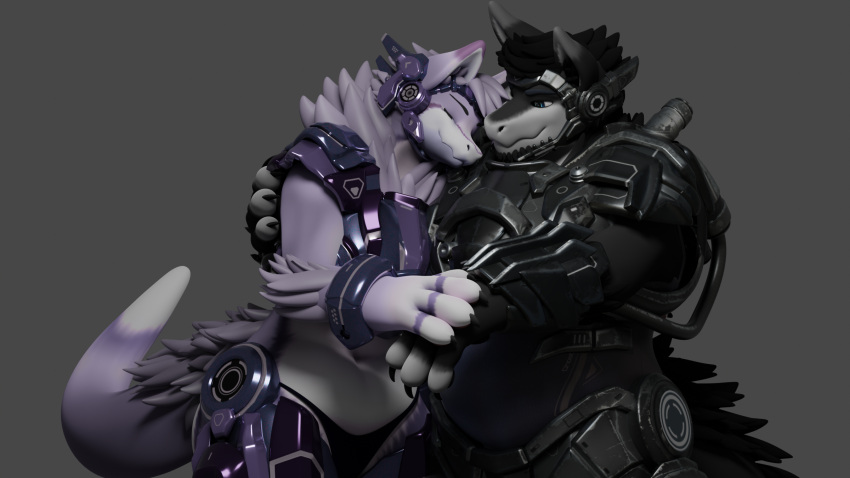 16:9 3d_(artwork) anthro armor closed_eyes clothing digital_media_(artwork) duo exposed_belly female grey_background hand_holding hi_res hug looking_at_another looking_at_partner machine male mamagen muscular muscular_male neck_tuft panties papagen pral_(the_tao_swordsman) protogen simple_background slightly_chubby slightly_chubby_female syko_(mamagen) the_tao_swordsman tuft underwear wide_hips wide_shoulders widescreen