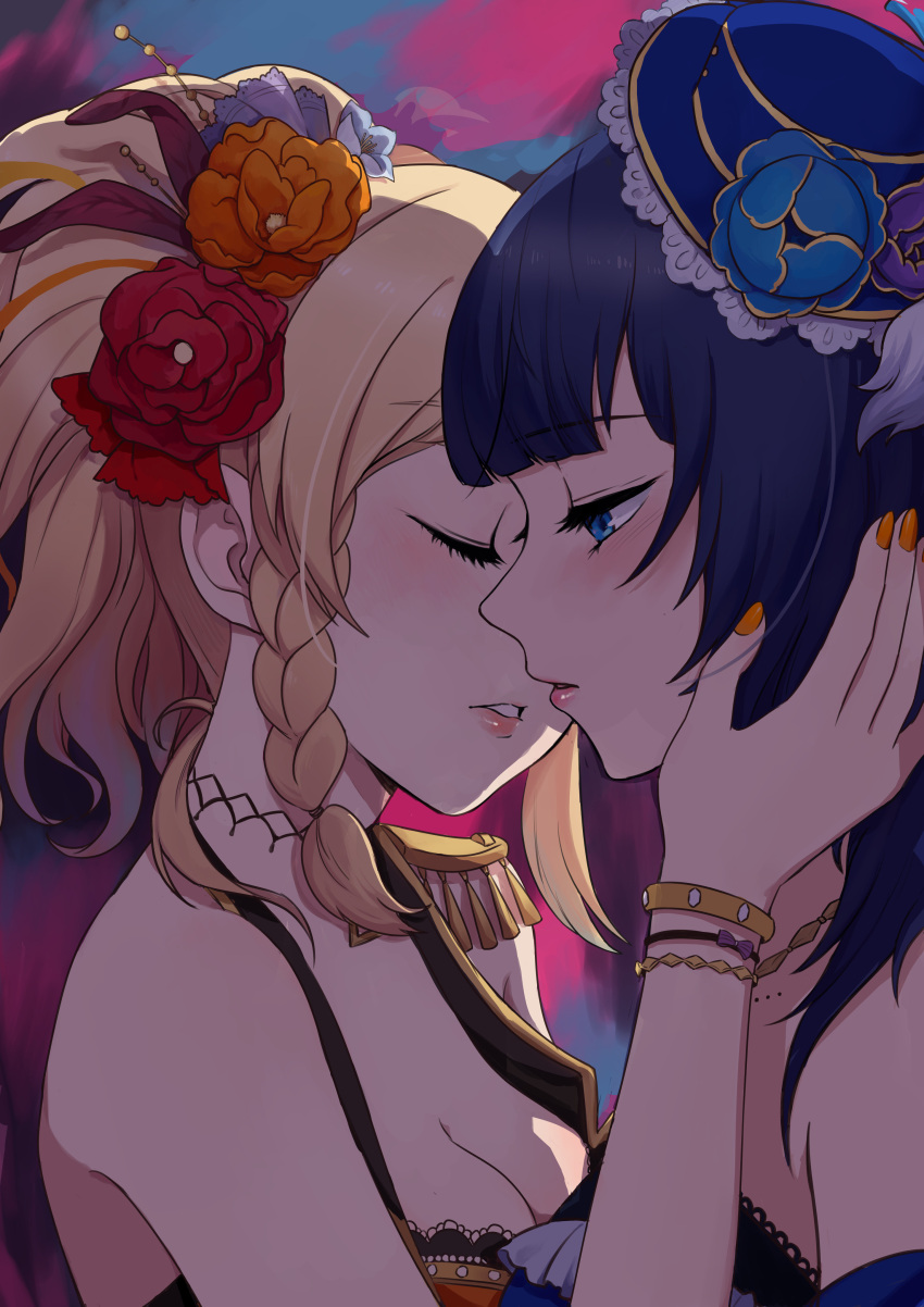 2girls absurdres asaka_karin black_hair blonde_hair blue_eyes blue_hair blush bracelet braid breasts camisole cleavage collarbone couple diverdiva epaulettes flower french_braid gyaru hair_flower hair_ornament hat highres jewelry kissing large_breasts love_live! love_live!_nijigasaki_high_school_idol_club meccha_going!! medium_hair miyashita_ai mole mole_on_collarbone multiple_girls multiple_moles necklace ponytail starlight_(love_live!) swept_bangs tank_top top_hat yolk_tomatosauce yuri