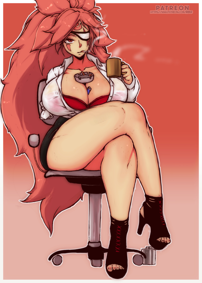 amputee ankle_boots ashtray baiken bare_legs between_breasts big_hair black_skirt boots bra breasts chair cigarette cleavage coffee_mug collared_shirt commentary contemporary crossed_legs cup english_commentary facial_tattoo female full_body guilty_gear guilty_gear_xrd high-waist_skirt high_heels highres huge_breasts jitome long_hair mug object_on_breast office_chair office_lady one-eyed partially_unbuttoned pencil_skirt pink_eyes pink_hair platform_boots platform_footwear platform_heels randomboobguy red_bra see-through shirt sitting skirt smoke smoking solo swivel_chair tattoo thick_thighs thighs toeless_footwear toenails toes underwear very_long_hair wet wet_clothes wet_shirt white_shirt