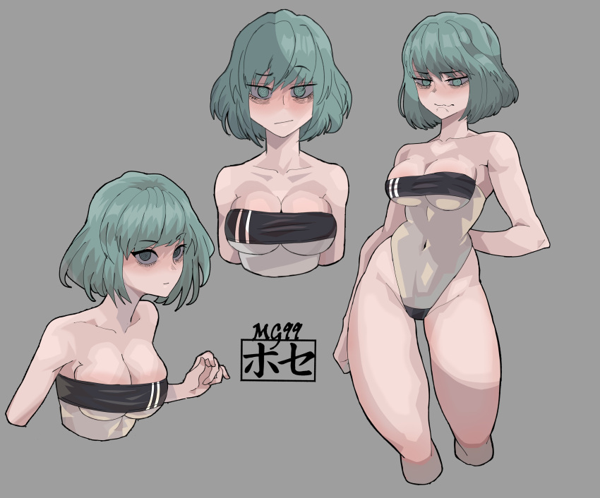 absurdres arm_behind_back bare_shoulders breasts cleavage covered_navel cropped_legs cropped_torso female green_eyes green_hair gris_swimsuit hand_up highres looking_at_viewer meme_attire mg991998 multiple_views one-piece_swimsuit original see-through see-through_swimsuit short_hair swimsuit