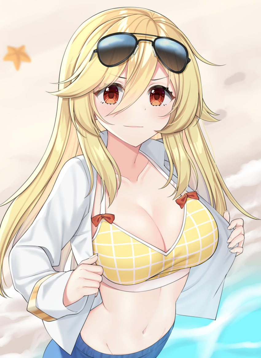 alternate_breast_size beach bikini bikini_top_only bikini_under_clothes blonde_hair bow bow_swimsuit breasts cleavage commentary english_commentary eyewear_on_head female girls'_frontline gold_trim hair_between_eyes highres large_breasts light_blush light_smile long_hair long_sleeves looking_at_viewer nagant_revolver_(girls'_frontline) nagant_revolver_(mod3)_(girls'_frontline) navel no_headwear open_clothes open_shirt red_bow red_eyes rynzfrancis sand shirt sidelocks solo starfish sunglasses swimsuit undressing water white_shirt yellow_bikini