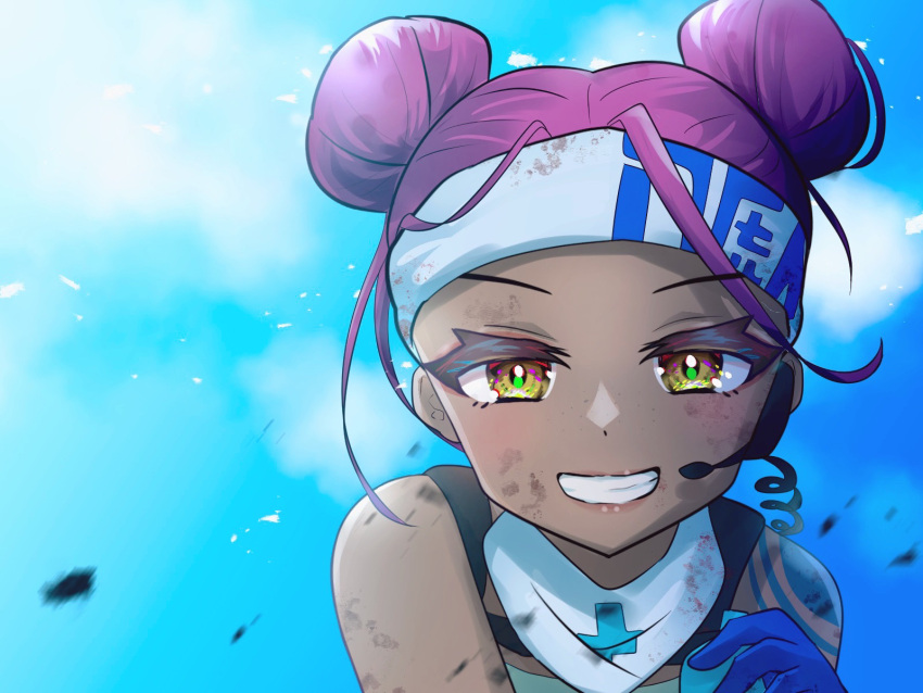 animification apex_legends arm_tattoo bad_id bad_pixiv_id blue_gloves brown_eyes cloud dark-skinned_female dark_skin day double_bun eyeshadow female gloves hair_bun headband headset highres lifeline_(apex_legends) looking_at_viewer makeup mask mask_around_neck nepitasu red_eyeshadow red_hair sky smile solo tattoo white_headband