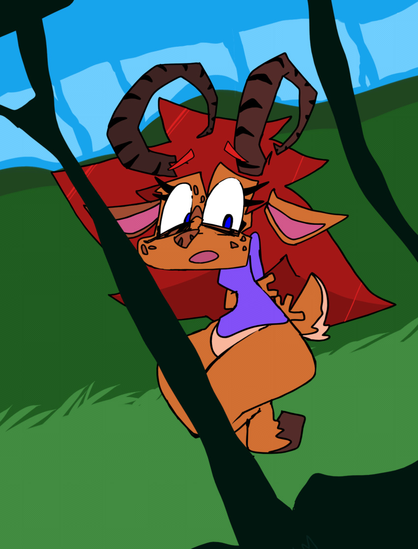 animated anthro ass bands big_butt bottomless bouncing brown_body clothed clothing curled_horn curved_horn detailed_background faun female forest grass hair hi_res hooves hopping horn jumping looking_at_viewer outside plant red_hair roksim running shirt short_playtime solo thick_thighs topwear tree