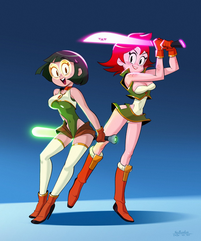 2girls arms_up bad_id bad_twitter_id black_hair blue_background blunt_bangs boots breasts brown_footwear brown_gloves cleavage cosplay covered_navel dirty_pair dirty_pair_flash freckles full_body gloves glowing highres kei_(dirty_pair_flash) kei_(dirty_pair_flash)_(cosplay) kyu-bum_lee looking_at_viewer medium_breasts medium_hair multiple_girls olive_(kyu-bum_lee) original pepper_(kyu-bum_lee) red_hair shadow short_hair sleeveless thighhighs white_legwear yuri_(dirty_pair_flash) yuri_(dirty_pair_flash)_(cosplay)