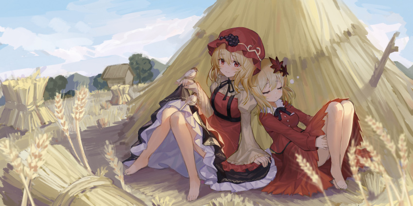 2girls absurdres aki_minoriko aki_shizuha animal autumn barefoot bird blonde_hair blue_sky breasts closed_eyes day food fruit grapes hair_ornament hat hay highres knees_together_feet_apart leaf_hair_ornament light_smile long_hair long_sleeves medium_breasts mo_xiaoxue multiple_girls outdoors red_eyes red_headwear red_shirt red_skirt shirt siblings sisters sitting skirt skirt_set sky touhou wide_sleeves