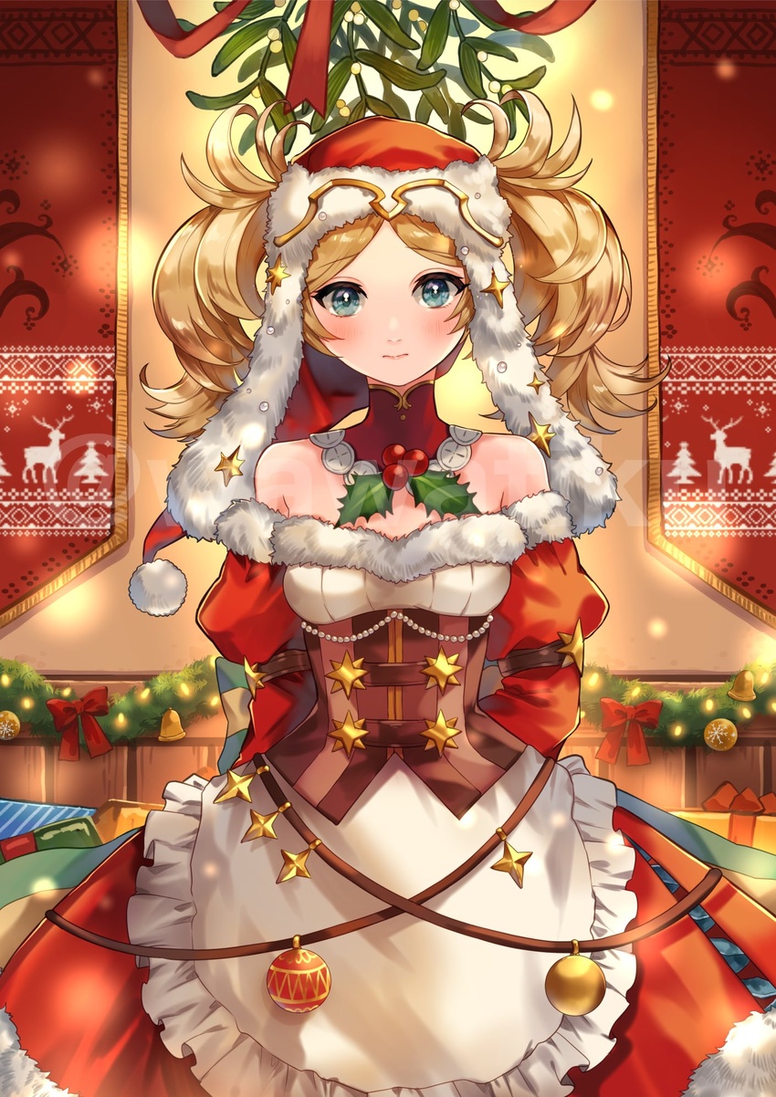 alternate_costume bare_shoulders blonde_hair blue_eyes breasts christmas christmas_ornaments closed_mouth commission detached_collar female fire_emblem fire_emblem_awakening fire_emblem_heroes hat highres lissa_(fire_emblem) lissa_(winter)_(fire_emblem) looking_at_viewer medium_breasts official_alternate_costume santa_costume santa_hat skeb_commission turtleneck upper_body wawatiku