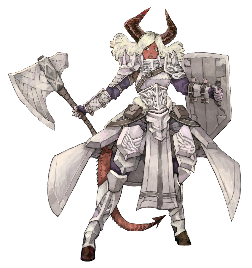 absurdres armor axe belt_pouch blonde_hair breastplate colored_skin demon_girl demon_horns demon_tail english_commentary fantasy female full_body gauntlets highres holding holding_shield holding_weapon hooves horns looking_to_the_side open_mouth original pelvic_curtain plate_armor pouch red_skin shield shoulder_armor solo standing subakeye tail teeth upper_teeth_only waist_cape weapon white_background yellow_eyes