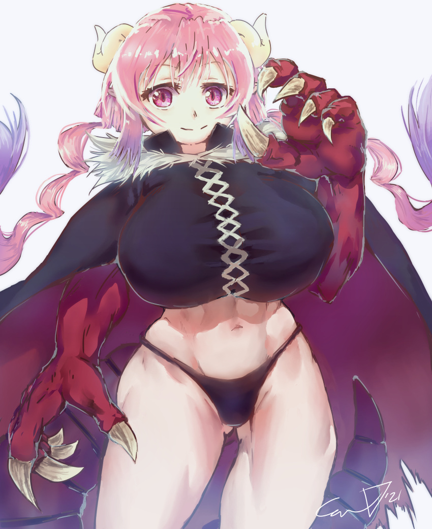 abs absurdres arm_up black_cape black_panties breasts cape cowboy_shot dragon_claw dragon_girl dragon_horns dragon_tail ethan_wylie female highres horns huge_breasts ilulu_(maidragon) kobayashi-san_chi_no_maidragon long_hair low_twintails midriff navel panties pink_hair purple_eyes shadow signature simple_background solo tail twintails underwear very_long_hair white_background