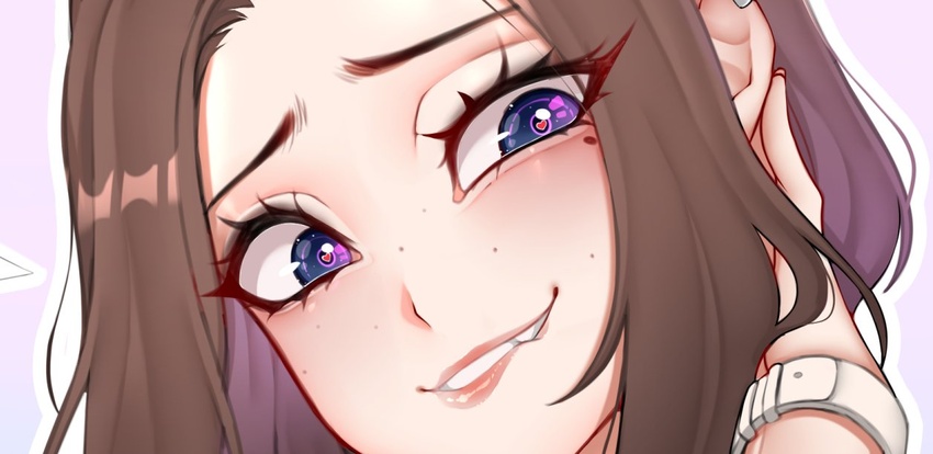 biting_own_lip blue_eyes brown_hair commentary_request cropped female freckles heart heart-shaped_pupils kitsunearts mole mole_under_eye portrait samsung samsung_sam symbol-shaped_pupils watch wristwatch