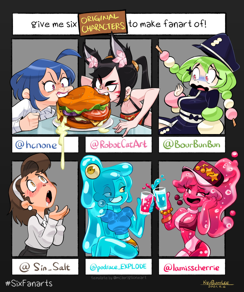 6+girls absurdres animal_ears bad_id bad_twitter_id black_hair blue_hair blush borrowed_character brown_hair burger character_request collared_shirt colored_sclera cup dango english_text eyeball food green_hair grey_shirt hanami_(bourbunbun) hat highres hu-er_(robot_cat) kyu-bum_lee long_sleeves multicolored_hair multiple_drawing_challenge multiple_girls open_mouth original plate saliva shirt six_fanarts_challenge skye_(hcnone) upper_body wagashi white_shirt yellow_sclera