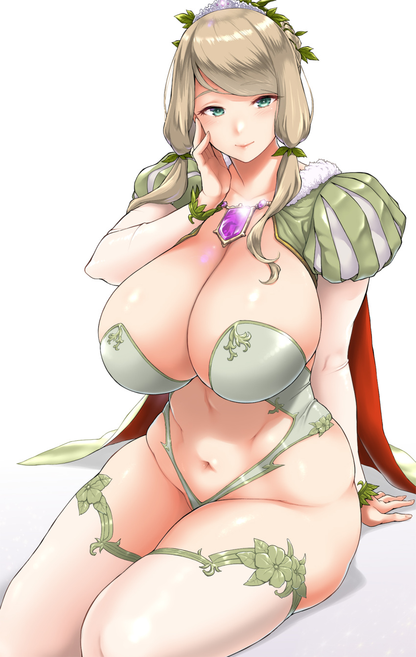 blonde_hair blush breasts cape character_request cleavage collarbone female green_eyes hair_ornament highres jewelry kemigawa_mondo large_breasts long_hair looking_at_viewer low_twintails navel pendant puffy_short_sleeves puffy_sleeves short_sleeves sitting smile solo swept_bangs the_seven_deadly_sins thighhighs thighs twintails white_thighhighs