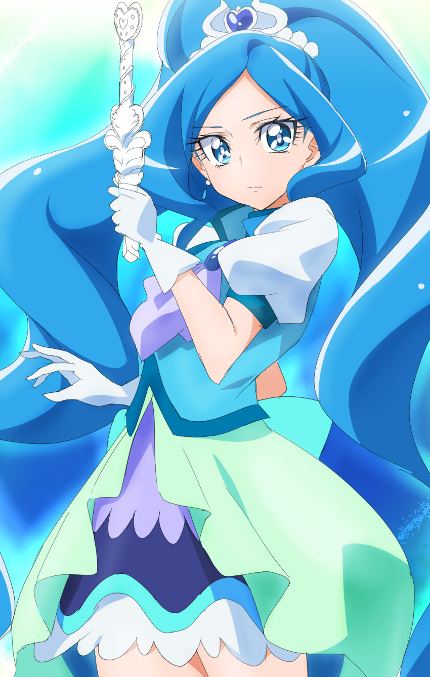 absurdres ascot blue_choker blue_skirt blue_vest brooch choker commentary cowboy_shot cure_fontaine female gloves hairband healin'_good_precure healing_animal healing_wand highres jewelry light_smile long_hair looking_at_viewer magical_girl oimanji pegitan_(precure) precure puffy_short_sleeves puffy_sleeves sawaizumi_chiyu short_sleeves skirt vest white_gloves