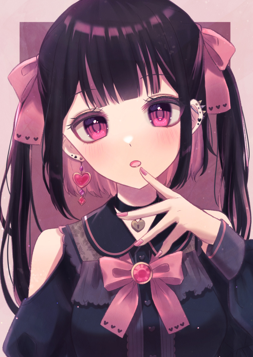 black_hair bow choker colored_eyelashes colored_inner_hair ear_piercing earrings female finger_to_mouth head_tilt heart highres jewelry junineu locket multicolored_hair nail_polish necklace original pendant piercing pink_eyes pink_theme ribbon solo twintails upper_body