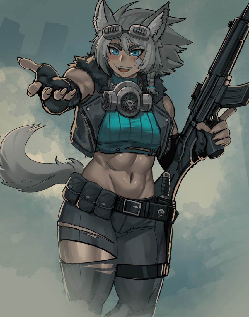 abs ammunition_pouch animal_ears assault_rifle belt blue_eyes braid elbow_gloves ezzydraws fangs female fingerless_gloves gas_mask gloves grey_hair gun highres knife looking_at_viewer mask muscular muscular_female open_hand original pouch rifle sleeveless sleeveless_turtleneck smile solo spiked_hair tail tank_top thick_thighs thighs toned torn_clothes trigger_discipline turtleneck weapon wolf_girl